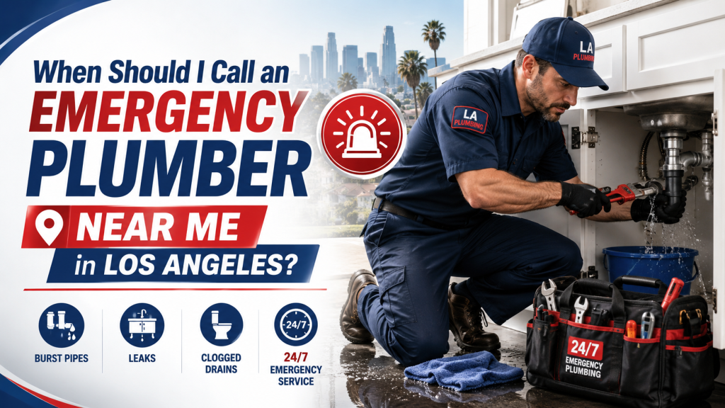 Emergency plumber near me in Los Angeles repairing a leaking pipe under a kitchen sink with 24/7 emergency plumbing service.